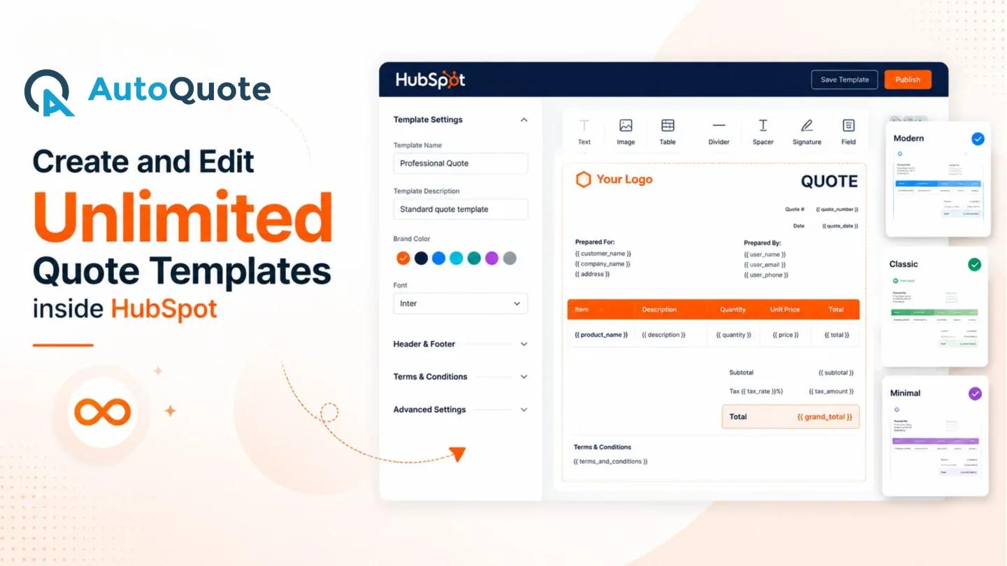 AutoQuote Template Builder showing a Professional Quote template with logo, pricing table, and brand color options